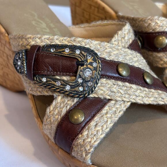 Onex Sandal Wedges Size 6.5 M Black Buckle Studs Woven Hemp 3" Cork Heel - Picture 4 of 8